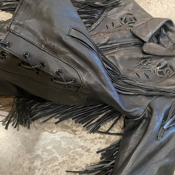 Black Leather Vintage Biker Jacket with Fringe and Rose Detail - Picture 5 of 13